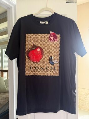Coach x Disney Black Tee with Red Apple Graphic